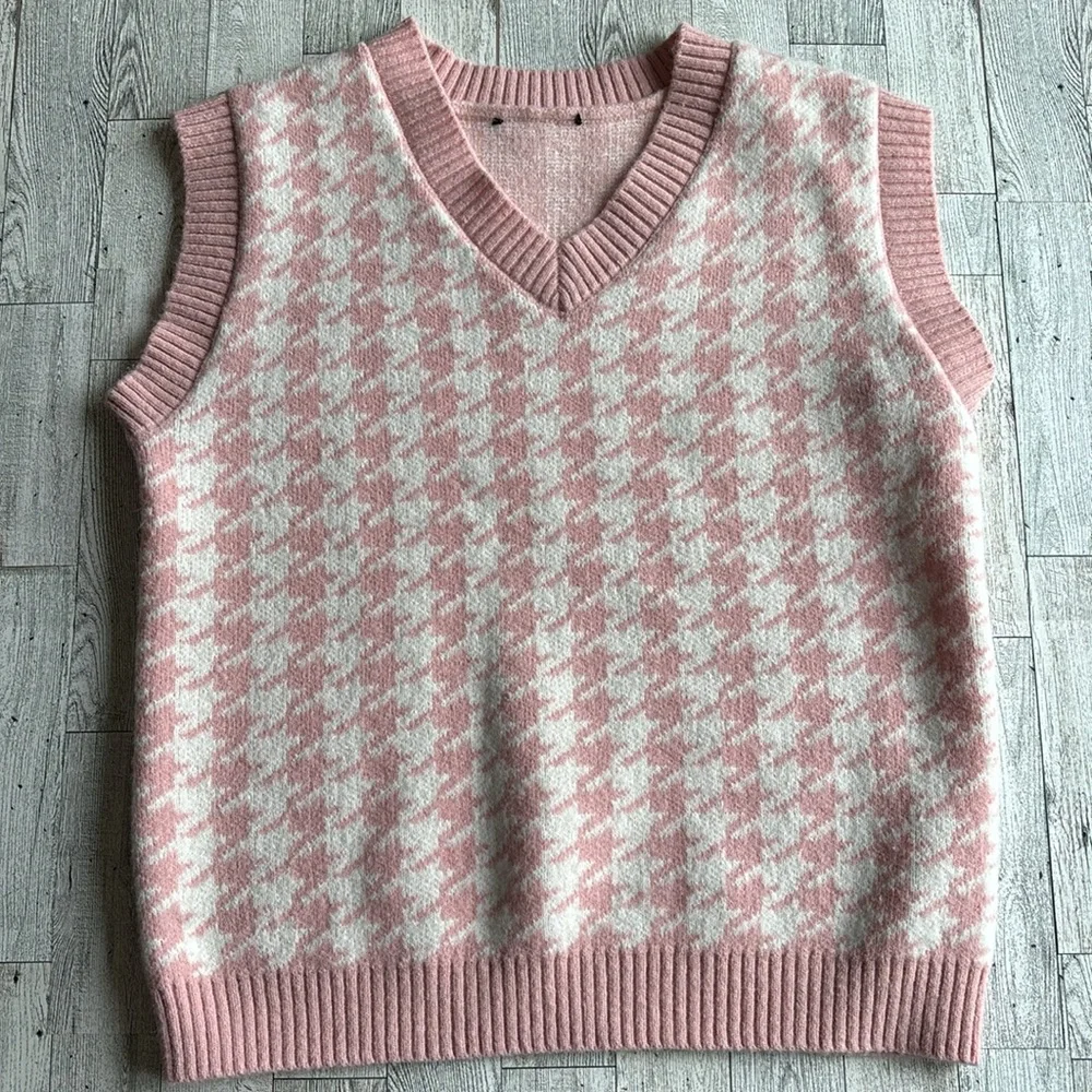 Pink Houndstooth sweater vest cotton‎ blend fall women’s size small - Picture 2 of 5